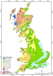 Map of strontium isotopic variation across the United Kingdom from Evans et al. (2010:2, Fig. 1b).