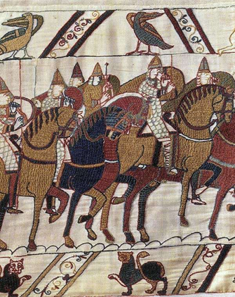 An extract from the Bayeux tapestry showing several riders with their legs hanging low, indicating smaller horses.